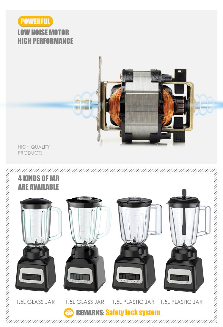 Nuevo Frasco de vidrio de plástico de 500W y 1,5 l, tarro S/S, botón de tecla de función de pulso de cuatro velocidades, tablero de interruptor de acero inoxidable, motor de licuadora