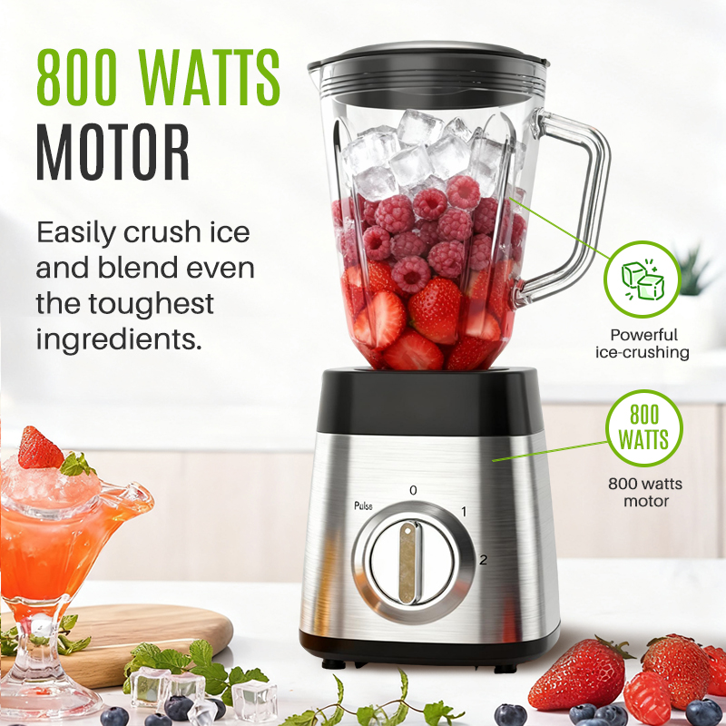 800W 1.5L Encimera de mesa Cuerpo de acero inoxidable de 2 velocidades 6 cuchillas Batidos eléctricos de vidrio Batidos Trituración de hielo Exprimidor Molienda Procesador de alimentos Licuadora doméstica